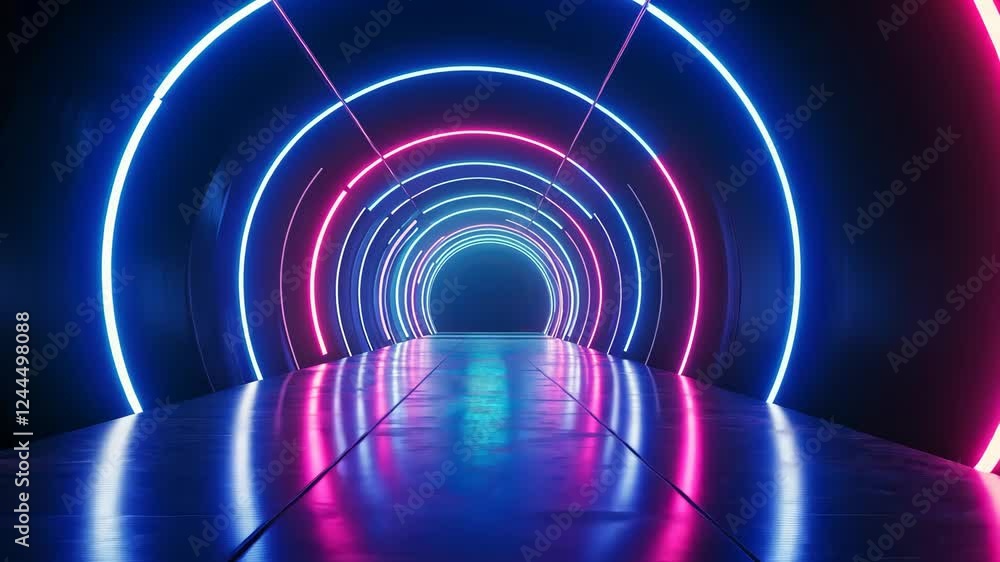 Poster futuristic neon tunnel with dynamic light patterns and reflections