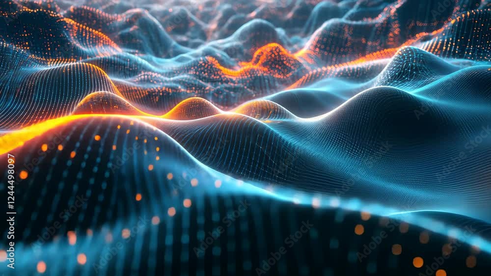 Poster dynamic neon waves pulsating with glowing dots in a digital landscape