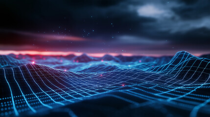 A futuristic digital landscape with a glowing blue grid stretching into the distance, illuminated by pulsating neon particles, symbolizing data flow and technological advancement.
