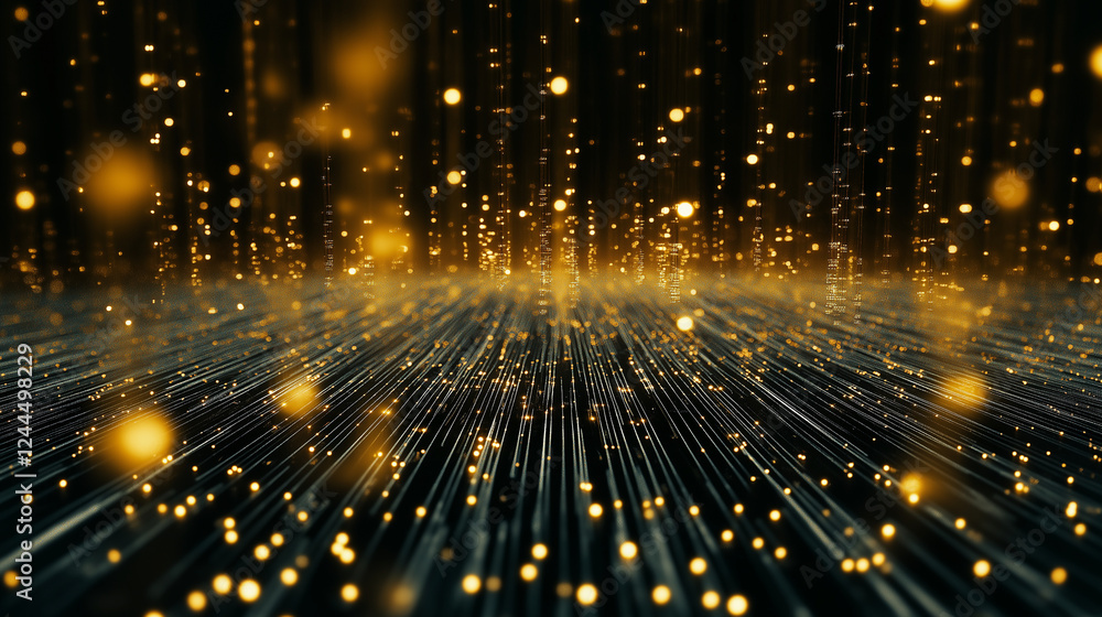 Poster an ultra-modern data visualization scene with streams of glowing golden particles weaving through an