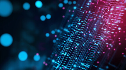 Obraz premium A neon-lit digital matrix with pulsating circuit pathways and floating data particles, symbolizing high-speed data exchange and AI-powered technology.