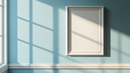 Elegant empty picture frame illuminated by soft sunlight in a serene blue room, perfect for artistic display and home d&eacute;cor inspiration