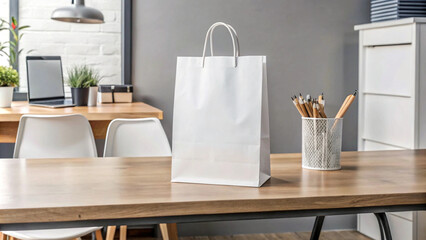 Blank White Paper Bag Mockup in a Modern Office Setting