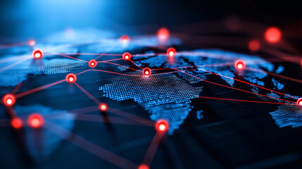 An ultra-modern representation of global data exchange, with radiant network nodes stretching across a 3D glowing circuit board.