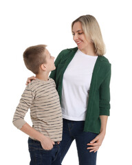 Happy mother and son on white background