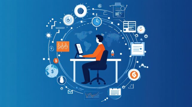 Man works at desk, surrounded by global data, icons, charts, maps, for business, finance, or tech