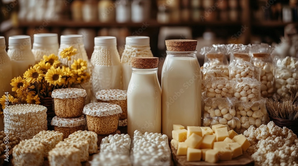 Poster assorted dairy products and snacks displayed in a rustic market with flowers in the background