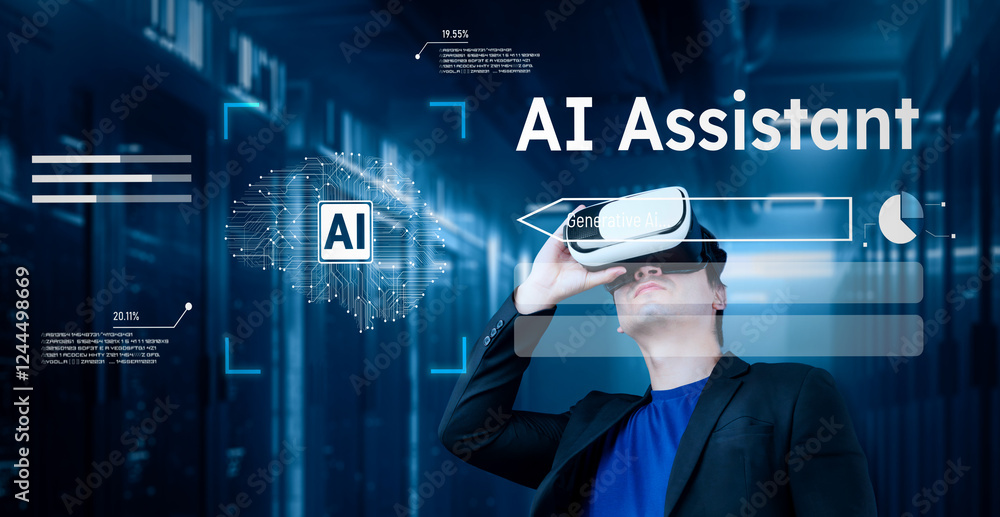 Poster businessman with headset standing at data center while using ai assistance. project manager looking 