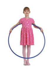 Cute little girl with hula hoop on white background