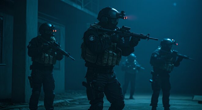 Special forces tactical team in night operation with night vision equipment. Military squad in dark environment. Armed soldiers on combat mission. Action scene