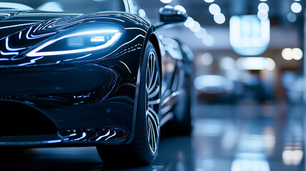 A close-up of a sports carÃ¢ÂÂs ultra-thin laser-cut headlights, casting a mesmerizing glow on the glossy showroom floor, enhancing its futuristic appeal.