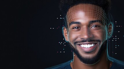 Headshot of a football player with digital computerized lines overlaying and diagramming his face