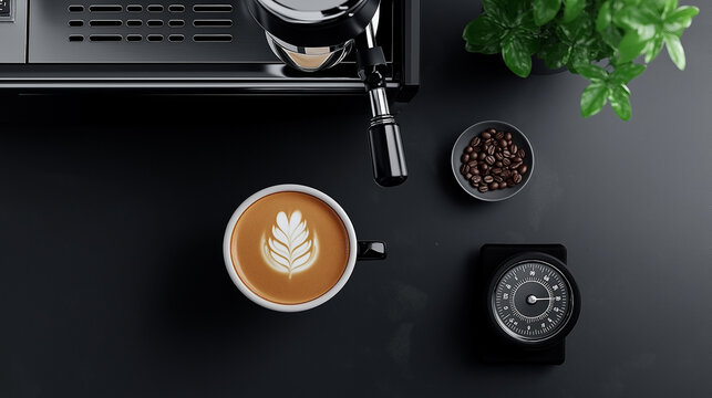 A top-down look at a minimalist coffee bar featuring a modern espresso machine, a digital scale, fresh coffee grounds, and a perfectly poured cortado in a ceramic cup.
