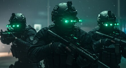 Special forces tactical unit wearing night vision equipment during dark operation. Military squad in combat gear with glowing green goggles. Modern warfare and security concept.