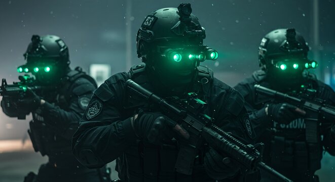 Special forces tactical unit wearing night vision equipment during dark operation. Military squad in combat gear with glowing green goggles. Modern warfare and security concept.