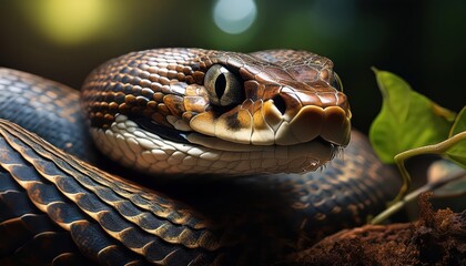 Vivid Common Krait in the Lush Emerald Depths of a Tropical Rainforest, Blending Gracefully with the Dappled Shadows and Vibrant Flora
