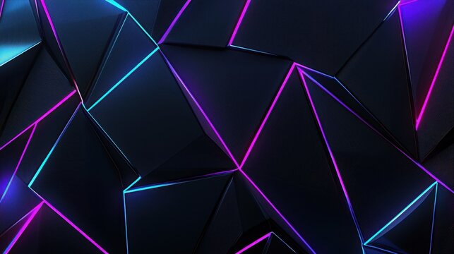 Black geometric abstract background. Minimal dark gray polygon pattern with geometric shapes, lines, stripes, triangles and neon blue pink lights. Modern elegant luxury futuristic digital design