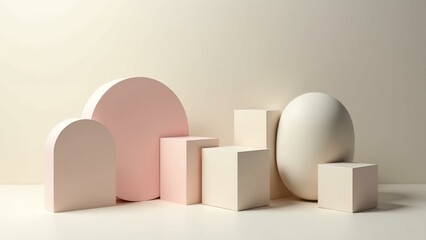 Minimalist figures amidst tech settings, soft colors, and geometric shapes.