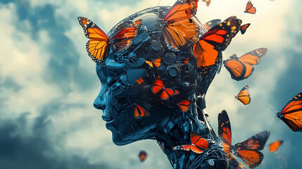 A humanoid figure with butterfly motifs, blending technology and nature. Organic vs. Mechanical Contrast. Illustration