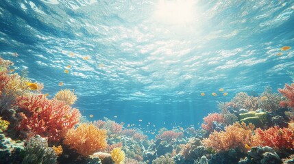 A vibrant underwater scene showcasing colorful coral reefs and diverse marine life illuminated by sunlight filtering through crystal-clear water.