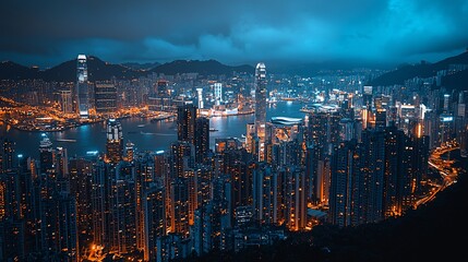 Obraz premium Night Hong Kong skyline, harbor, city lights, mountains, urban landscape, travel