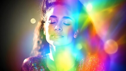 Colorful prismatic light effects on woman creating dreamy atmosphere - Powered by Adobe