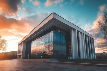Fototapeta premium Modern building at sunset. Glass facade reflects the sky.