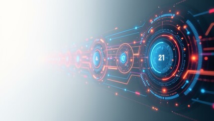 Obraz premium A sleek, high-tech interface with vector icons, pastel hues, and minimalist typography against a white or dark grey background.