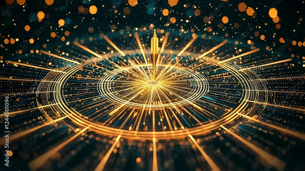 Poster an abstract digital background featuring glowing golden lines and particles creating a vivid and dyn