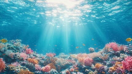 Fototapeta premium A vibrant underwater scene showcasing a colorful coral reef filled with diverse marine life, illuminated by sunlight filtering through the water surface.