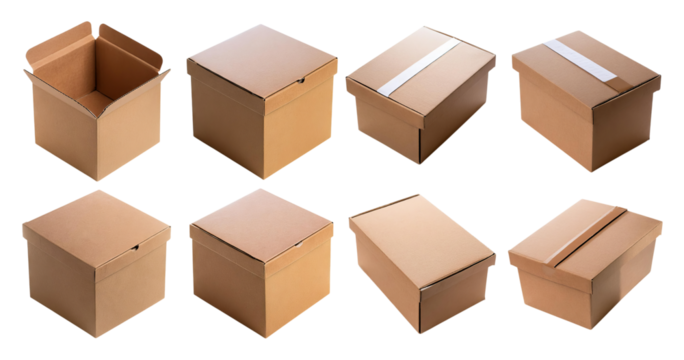 Variety of Brown Cardboard Boxes for Packaging and Shipping Needs, isolated on transparent background