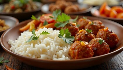 Delicious Spicy Meatballs with Rice and Veggies