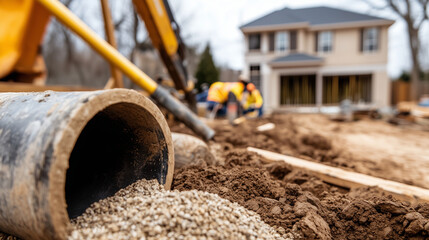 Naklejka premium Close-up of a pipe in a garden, with construction tools, gravel, and other pipes around it, showing active foundation and fill work. A residential building in the background adds c