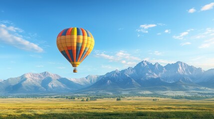 Naklejka premium A vibrant hot air balloon floats gracefully above a vast landscape, showcasing stunning mountains and a clear blue sky, symbolizing adventure and freedom.
