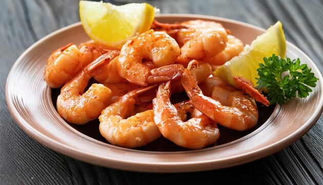 Delectable Cooked Pipi Shrimp Arranged Artfully on a Chic White Platter, Accompanied by Vibrant Herbs and Slices of Lemon, Creating a Scrumptious Seafood Feast Ambiance
