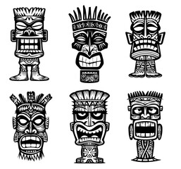 Unique hand-drawn tiki masks representing diverse cultural artistry and heritage