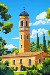 Naklejka premium Idyllic italian church towering over lush green garden