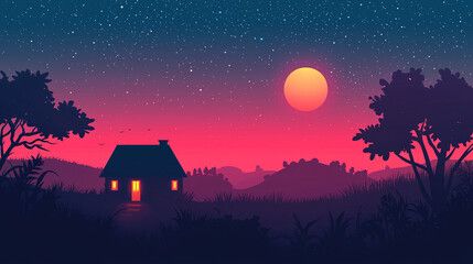 Small house shining on a hill at night with big moon