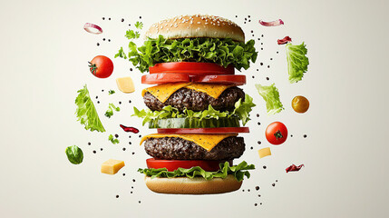 Delicious burger exploding with fresh ingredients on white background
