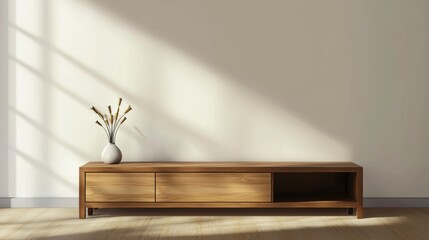 Wooden TV cabinet on white gray background. Wood stage display product. Empty stand pedestal of natural wood for luxury product presentation. Realistic modern design