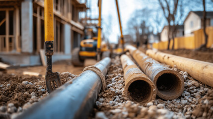 A detailed shot of a pipe surrounded by gravel, tools, and other pipes in a garden, signifying active foundation and fill work. The backdrop features a residential building under c