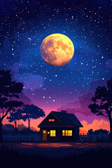 Fototapeta premium Small wooden house illuminated by the light of a full moon