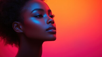 A profile portrait of a woman illuminated by vibrant colors.