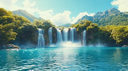 A stunning view of a serene waterfall cascading into a clear blue lake, surrounded by lush greenery and majestic mountains under a clear sky.