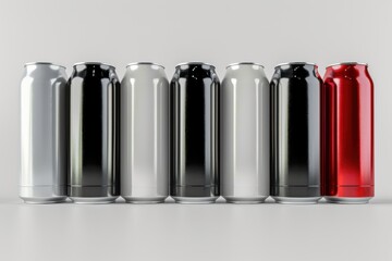 High-quality 3D render of aluminum slim cans in silver, white, black, and red, arranged on an isolated white background, perfect for beer can mockup templates
