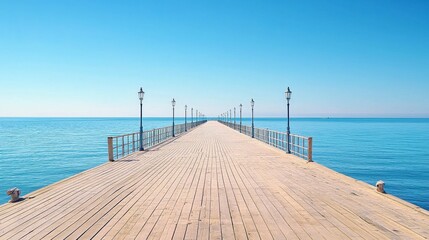 Obraz premium A serene wooden pier stretches out over calm waters under a clear blue sky, inviting exploration and relaxation in a peaceful coastal setting.