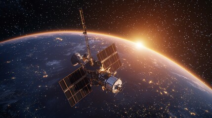 A stunning view of a satellite orbiting Earth, capturing the breathtaking beauty of our planet as the sun rises on the horizon, surrounded by stars.