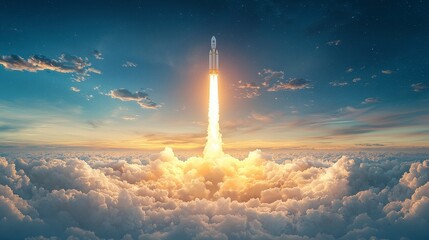 A powerful rocket launches into the sky, leaving a trail of smoke and fire, symbolizing innovation and exploration beyond Earth's atmosphere.