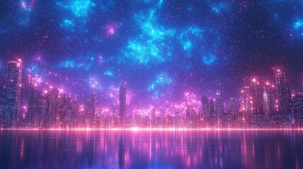 A vibrant futuristic cityscape illuminated by colorful lights, reflecting over a calm water surface, creating a mesmerizing atmosphere of innovation.