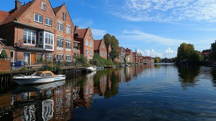 Obraz premium Scenic view of waterfront houses reflecting in calm water under a blue sky.